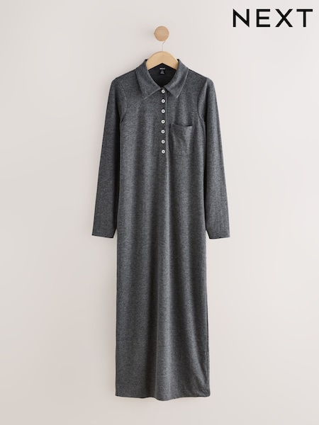 Charcoal Grey Wool Look Polo Collar Long Sleeve Maxi Dress (F48934) | £42