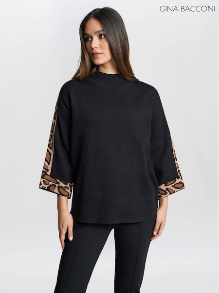 Gina Bacconi Dara Turtle Neck Black Jumper With Leopard Print Trim (F49003) | £75