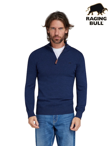 Raging Bull Blue Classic Quarter Zip Cotton/Cashmere Knit Jumper (F49044) | £90 - £100