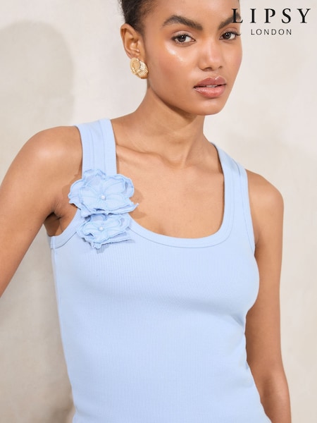 Lipsy Blue Flower Print Trim Detail Rib Vest Top (F49058) | £29