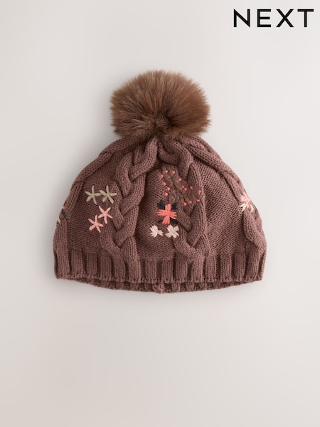 Brown Floral Embroidered Pom Baby Beanie Hat (0mths-2yrs) (F49069) | £8