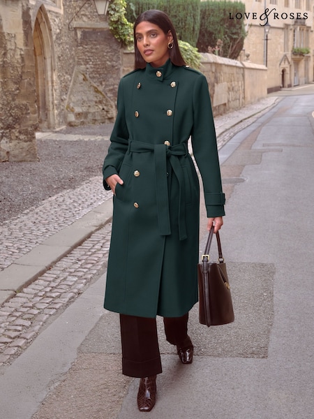 Love & Roses Teal Blue Petite Funnel Neck Wrap Coat (F49077) | £96