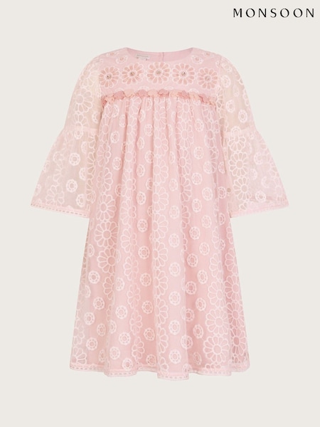 Monsoon Pink Floral Embroidered Flute Sleeve Dress (F49094) | £42 - £47