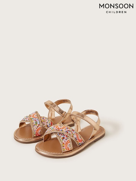 Monsoon Natural Beaded Metallic Cross-Over Strap Sandals (F49130) | £25 - £29