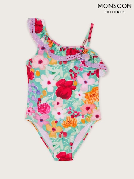 Monsoon Green Floral Asymmetrical Frill Swimsuit (F49148) | £19 - £23