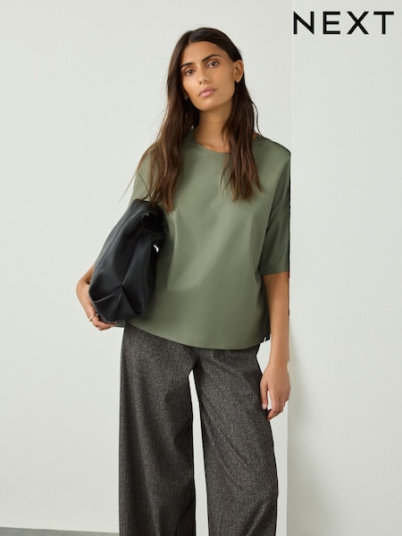 Olive Green Faux Leather Short Sleeve T-Shirt (F49163) | £28