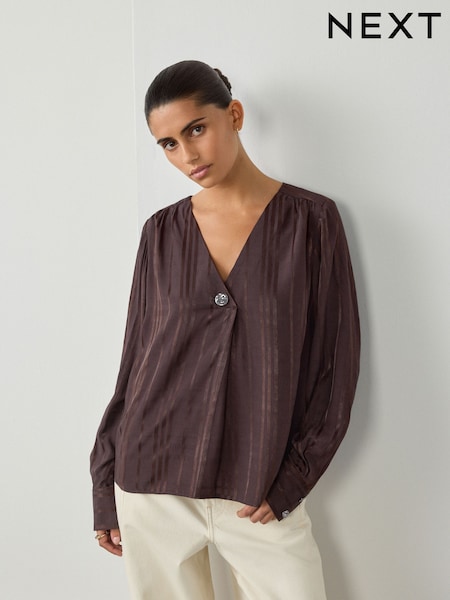 Chocolate Brown Check Satin Jacquard Long Sleeve V-Neck Blouse (F49166) | £26