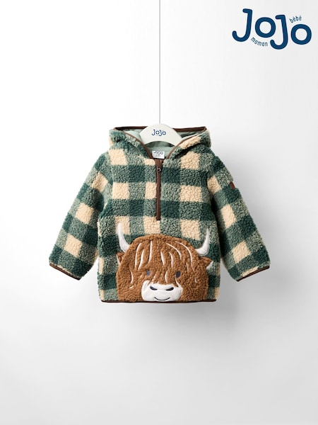 JoJo Maman Bébé Green Highland Cow Appliqué Half Zip Borg Jacket (F49219) | £32 - £36