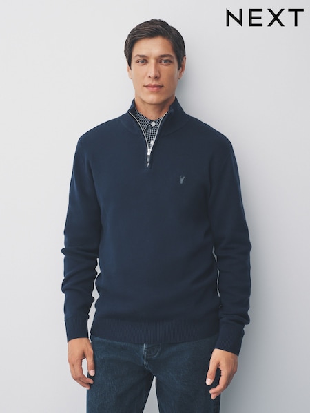 Navy Blue Stag Logo Regular Fit Premium Quarter Zip Jumper (F49254) | £39