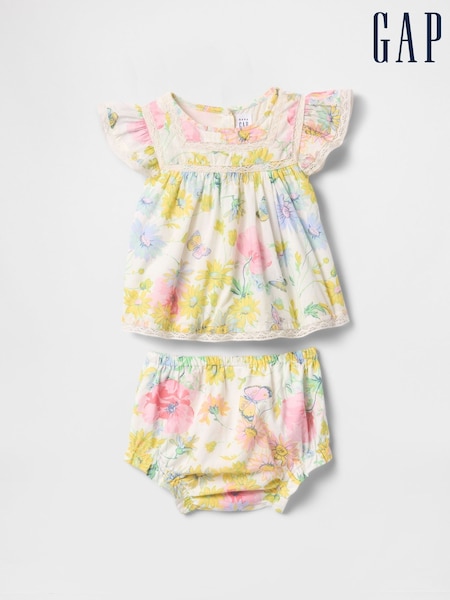Gap Cream Floral Linen-Cotton Ruffle Outfit Set (Newborn-24mths) (F49301) | £30