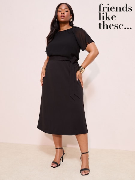 Friends Like These Black Curve Scuba Chiffon Flutter Sleeve Midi Dress (F49441) | £46