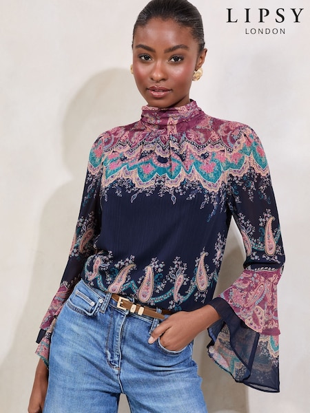 Lipsy Paisley Printed High Neck Flute Sleeve Blouse (F49690) | £45