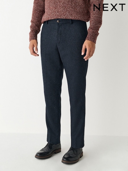 Navy Blue Slim Fit Herringbone Wool Blend Suit Trousers (F49770) | £50