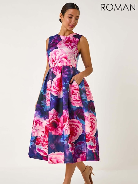 Roman Blue Rose Print Pleated Scuba Midi Dress (F49850) | £70