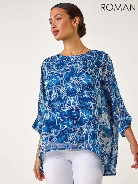 Roman Blue Abstract Print Overlay Tunic Top (F49870) | £40