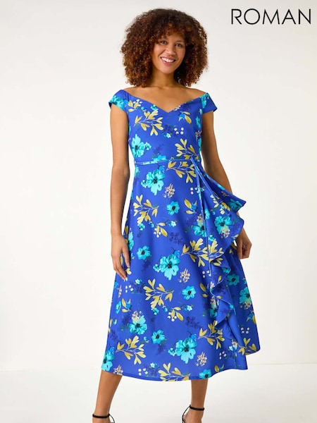 Roman Blue Floral Print Bardot Ruffle Dress (F49887) | £65
