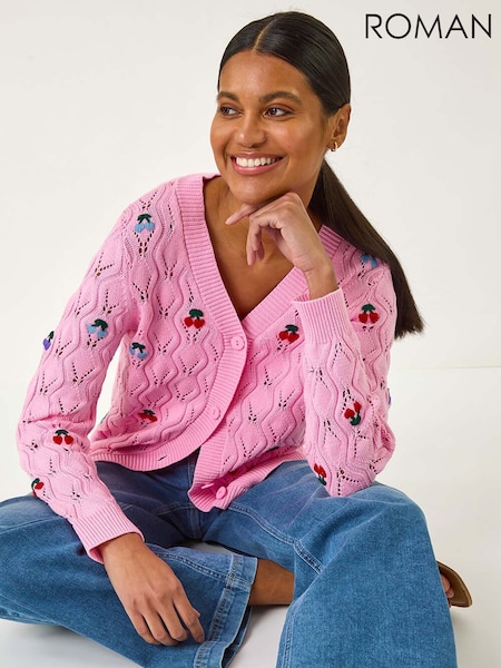 Roman Pink Embroidered Cherry V-Neck Knit  100% Cotton Cardigan (F49894) | £48