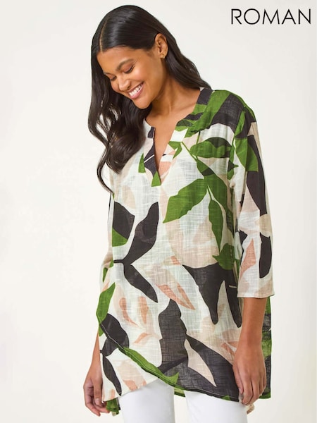 Roman Leaf Green Floral Print Pleat Front Top (F49908) | £40