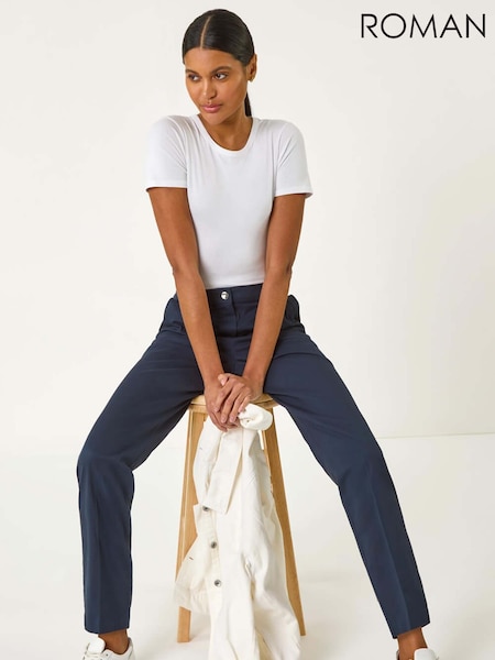 Roman Blue Cotton Full Length Stretch Trousers (F49918) | £40