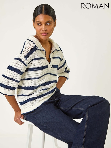 Roman Blue Collared V-Neck Stripe 100% Cotton Knit Top (F49922) | £42