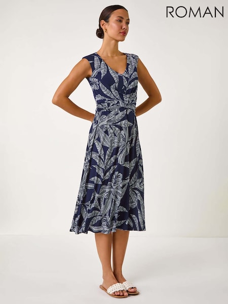 Roman Blue Leaf Print Twist Front Stretch Dress (F49934) | £55