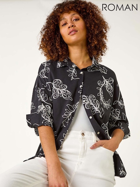 Roman Black Linear Floral Print 100% Cotton Shirt (F49935) | £45