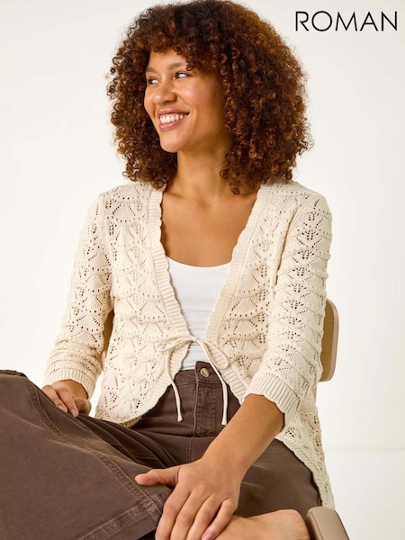Roman Natural Tie Front Pointelle Knit 100% Cotton Cardigan (F49942) | £42