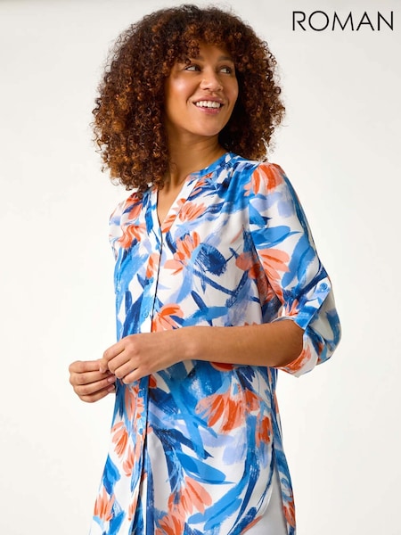 Roman Blue Floral Print Longline Blouse (F49957) | £42