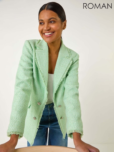 Roman Green Textured Frayed Edge Boucle Button Jacket (F49969) | £70