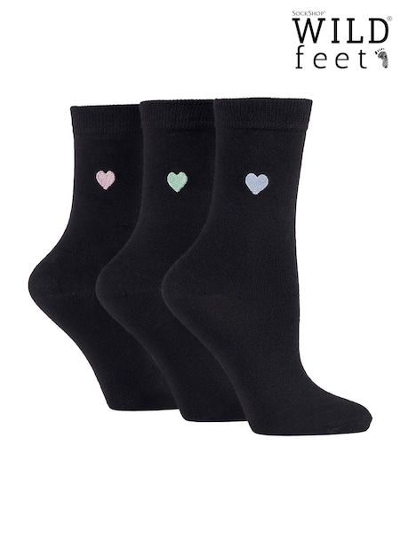 Wild Feet Black Dark Bamboo Viscose Embroidered Crew Socks (F50031) | £12