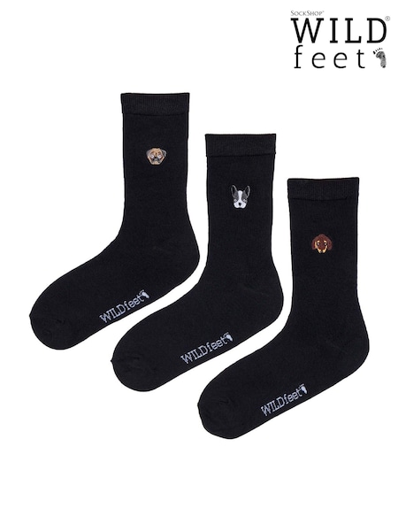 Wild Feet Black White Bamboo Embroidered Crew Socks (F50037) | £12