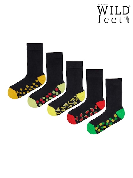 Wild Feet Black Bamboo Crew Socks with Fun Soles 5 Pack (F50043) | £14