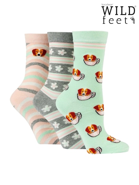 Wild Feet Green Novelty Jacquard Crew Socks 3 Pack (F50056) | £12