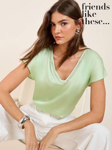 Friends Like These Mint Green Petite V-Neck Diamante Trim Short Sleeve Blouse (F50201) | £32
