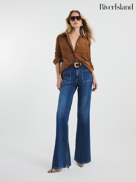 River Island Blue High Rise Wide Leg Jeans (F50300) | £50
