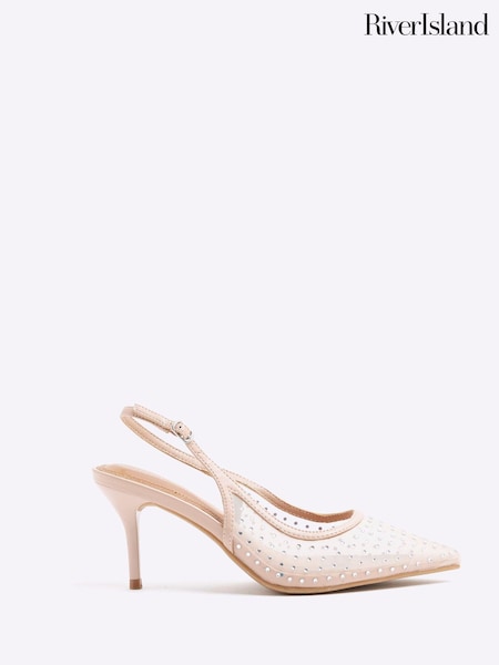 River Island Brown Nude Diamante Mesh Sling Back Court Shoes' (F50356) | £40