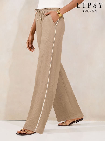 Lipsy Mocha Brown Crinkle Wide Leg Trousers (F50365) | £36