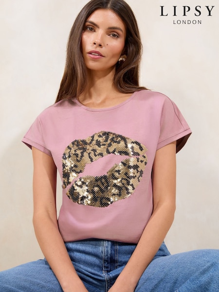 Lipsy Pink Sequin Graphic T-Shirt (F50370) | £29