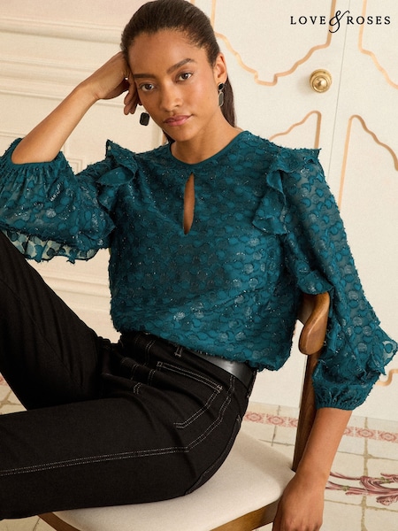 Love & Roses Teal Blue Crew Neck Metallic Long Sleeve Ruffle Blouse (F50415) | £42
