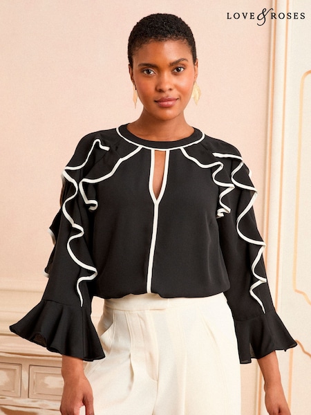 Love & Roses Black White 3/4 Ruffle Sleeve Crew Neck Blouse (F50417) | £38