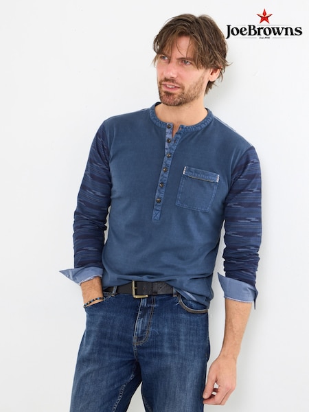 Joe Browns Blue Contrast Aztec Long Sleeve Henley 100% Cotton T-Shirt (F50548) | £44
