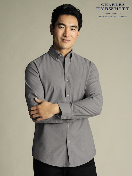 Charles Tyrwhitt Grey Classic Fit Plain Button Down Stretch Washed Oxford 100% Cotton Shirt (F50700) | £65