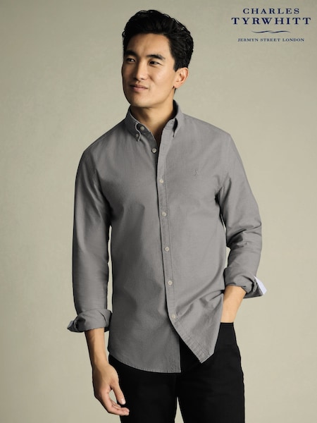 Charles Tyrwhitt Grey Slim Fit Plain Button Down Stretch Washed 100% Cotton Oxford Shirt (F50707) | £65