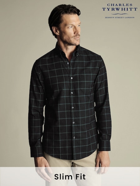 Charles Tyrwhitt Grey Slim Fit Check Non Iron Twill 100% Cotton Shirt (F50749) | £70