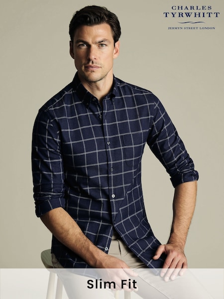 Charles Tyrwhitt Blue Slim Fit Check Non Iron Twill 100% Cotton Shirt (F50760) | £70