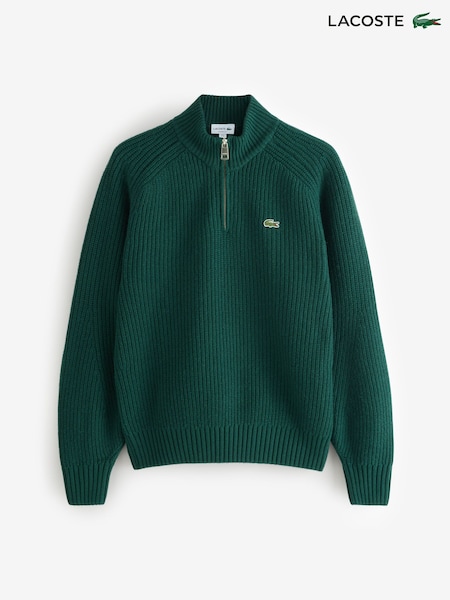 Lacoste Green High Zip Neck Thick Rib Knit Wool Sweater (F50862) | £200