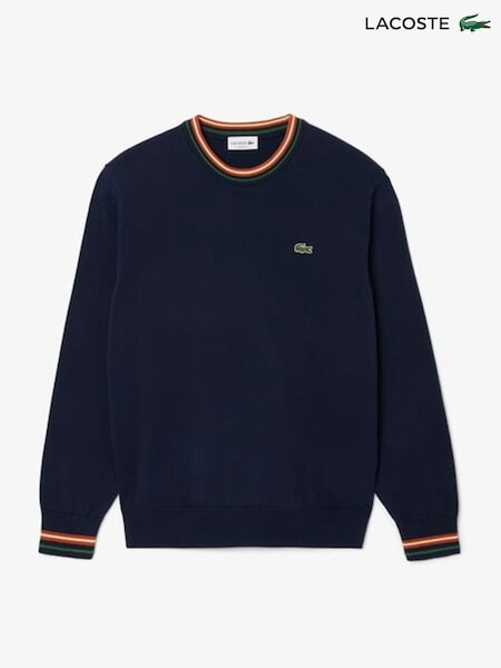 Lacoste Blue Stripe Accent Cotton Jersey Crew Neck Sweater (F51018) | £120
