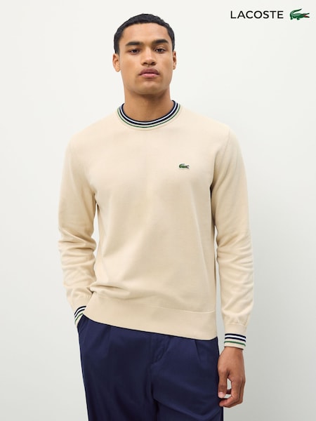 Lacoste Cream/Blue Stripe Accent Cotton Jersey Crew Neck Sweater (F51034) | £120
