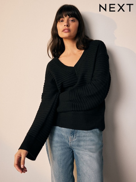 Black Ribbed V-Neck Knitted Jumper (F51136) | £28