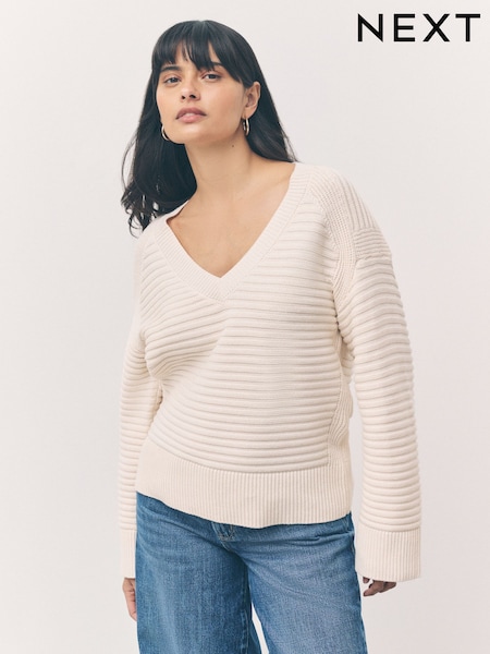 Ecru Ribbed V-Neck Knitted Jumper (F51143) | £28